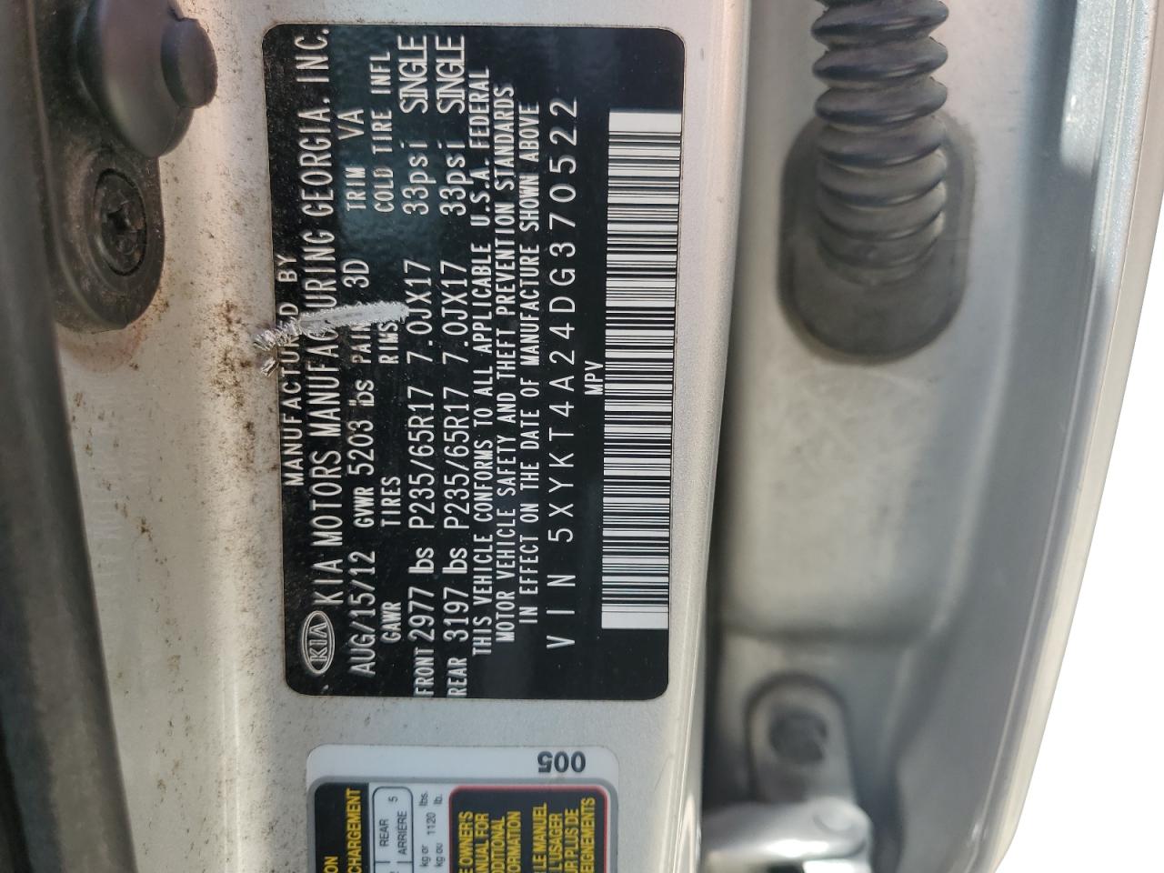2013 Kia Sorento Lx VIN: 5XYKT4A24DG370522 Lot: 62749895