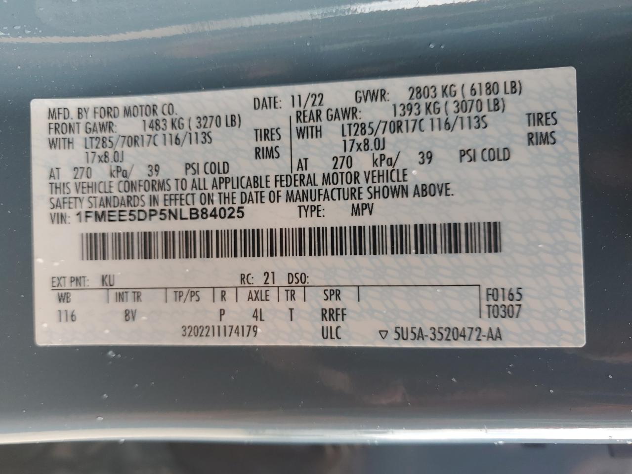 2022 Ford Bronco Base VIN: 1FMEE5DP5NLB84025 Lot: 65427325