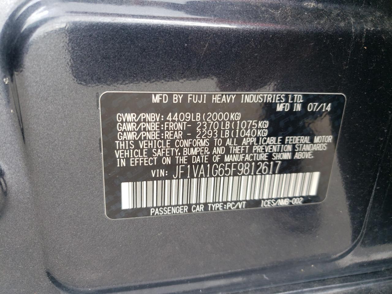 2015 Subaru Wrx Limited VIN: JF1VA1G65F9812617 Lot: 64935585