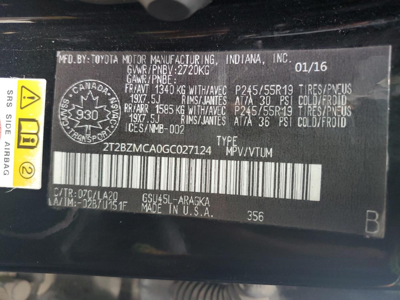 2016 Lexus Rx 350 Base VIN: 2T2BZMCA0GC027124 Lot: 64940175