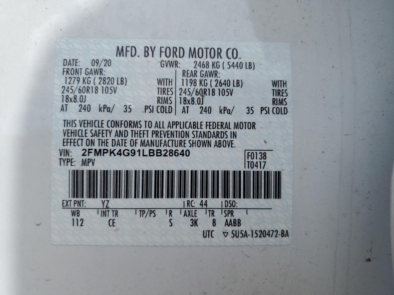 2020 Ford Edge Se VIN: 2FMPK4G91LBB28640 Lot: 64251845