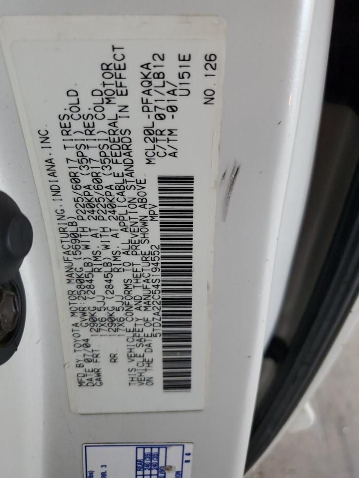 2004 Toyota Sienna Xle VIN: 5TDZA22C54S194552 Lot: 63831425