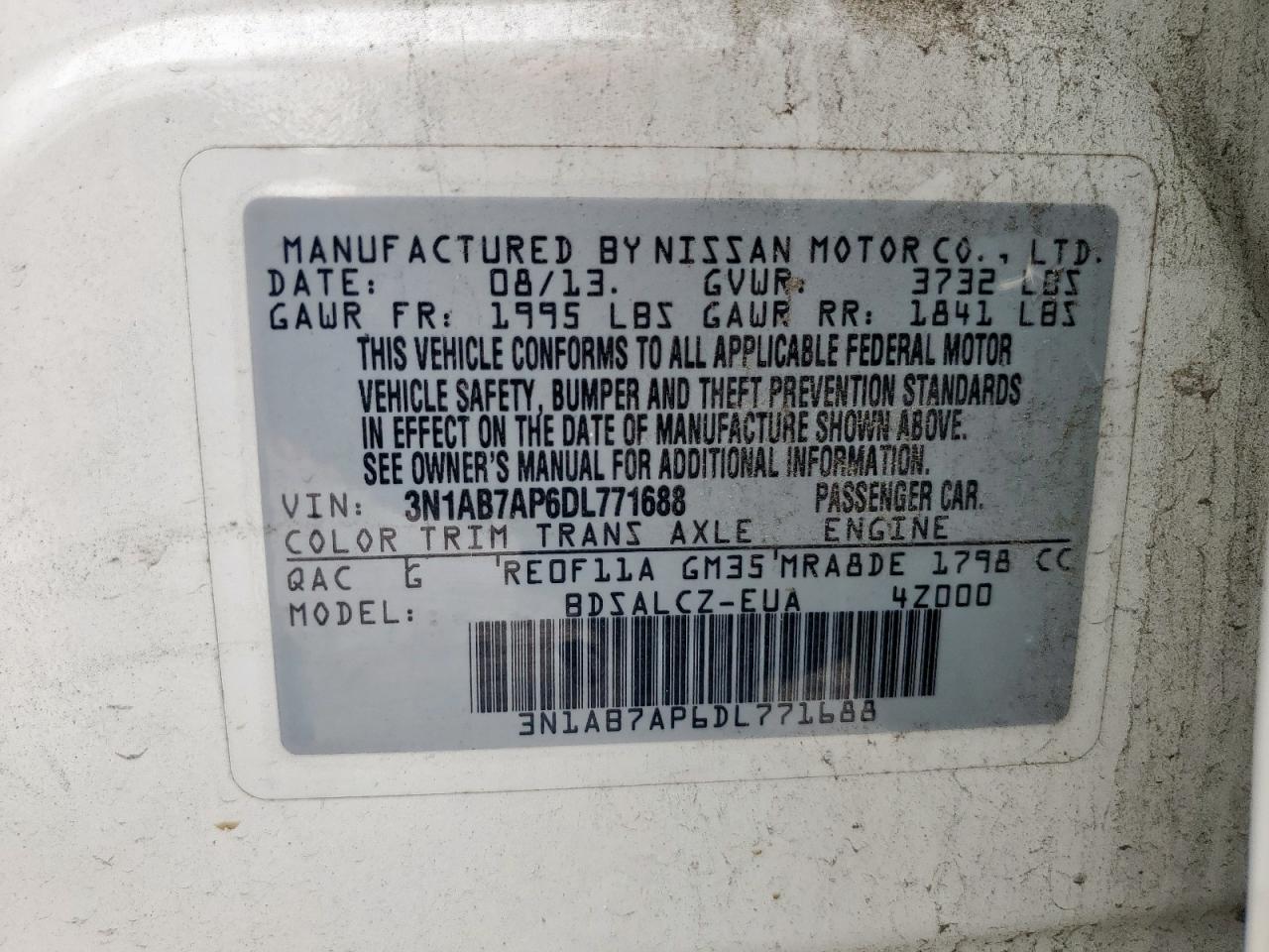 2013 Nissan Sentra S VIN: 3N1AB7AP6DL771688 Lot: 65592385