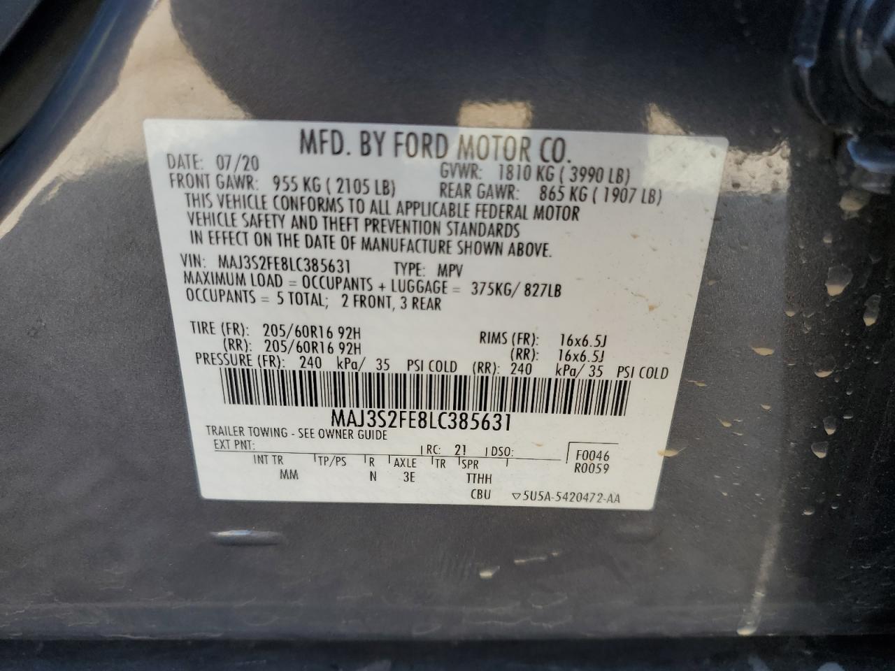 2020 Ford Ecosport S VIN: MAJ3S2FE8LC385631 Lot: 64939115