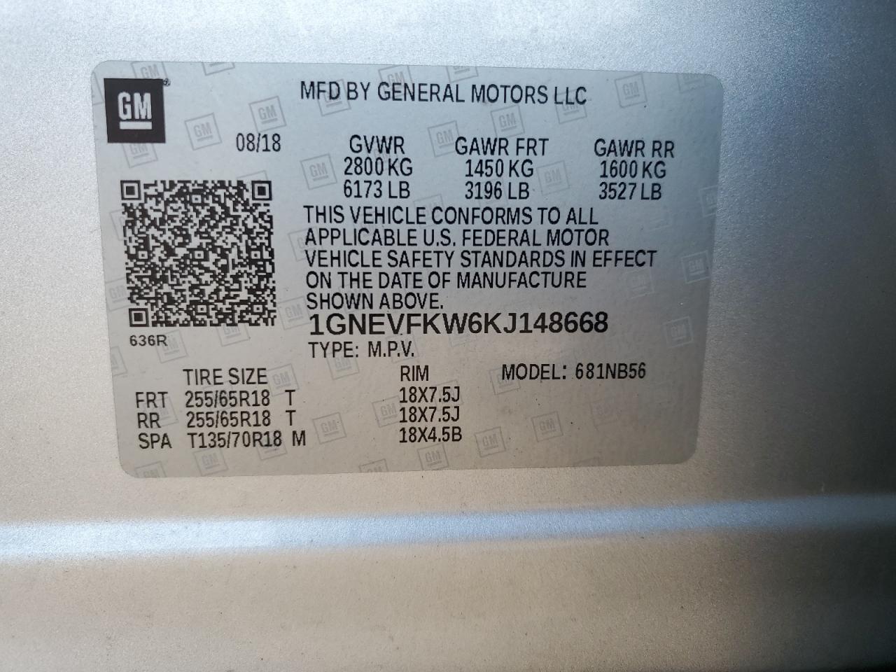 2019 Chevrolet Traverse Ls VIN: 1GNEVFKW6KJ148668 Lot: 64643125