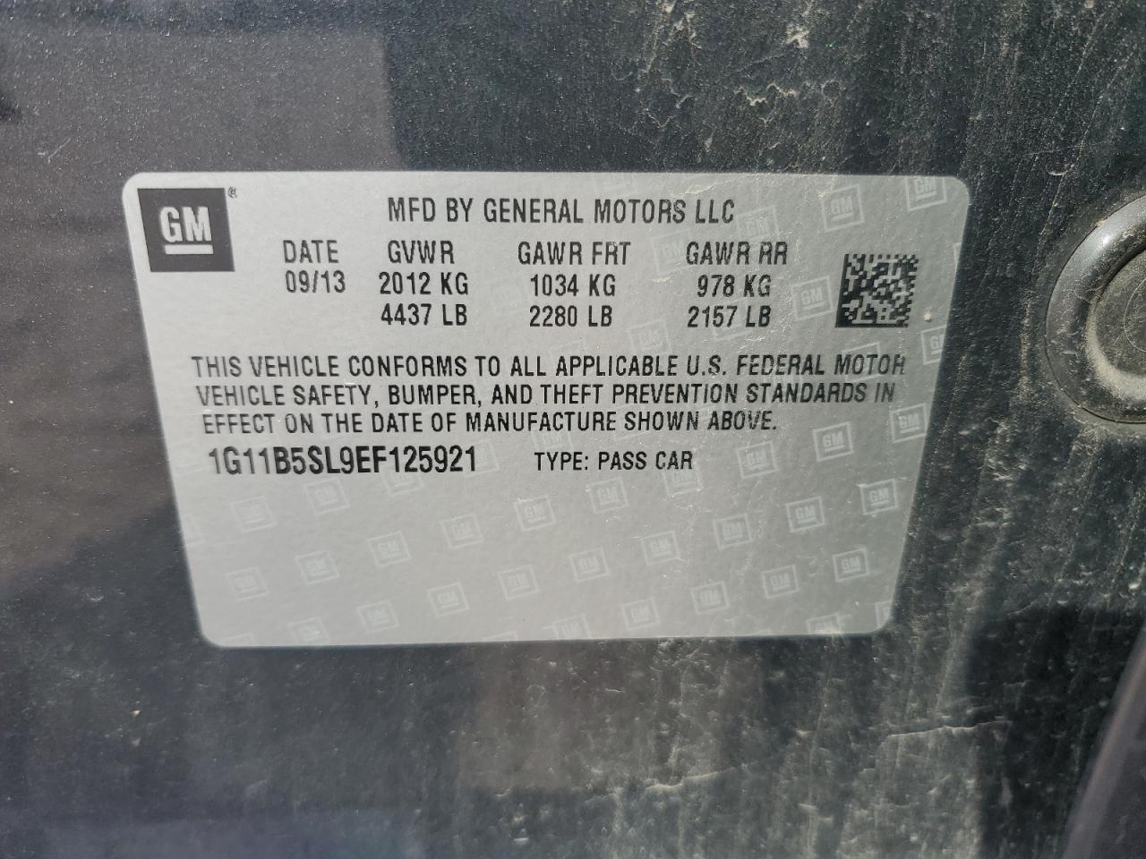 2014 Chevrolet Malibu Ls VIN: 1G11B5SL9EF125921 Lot: 66320065