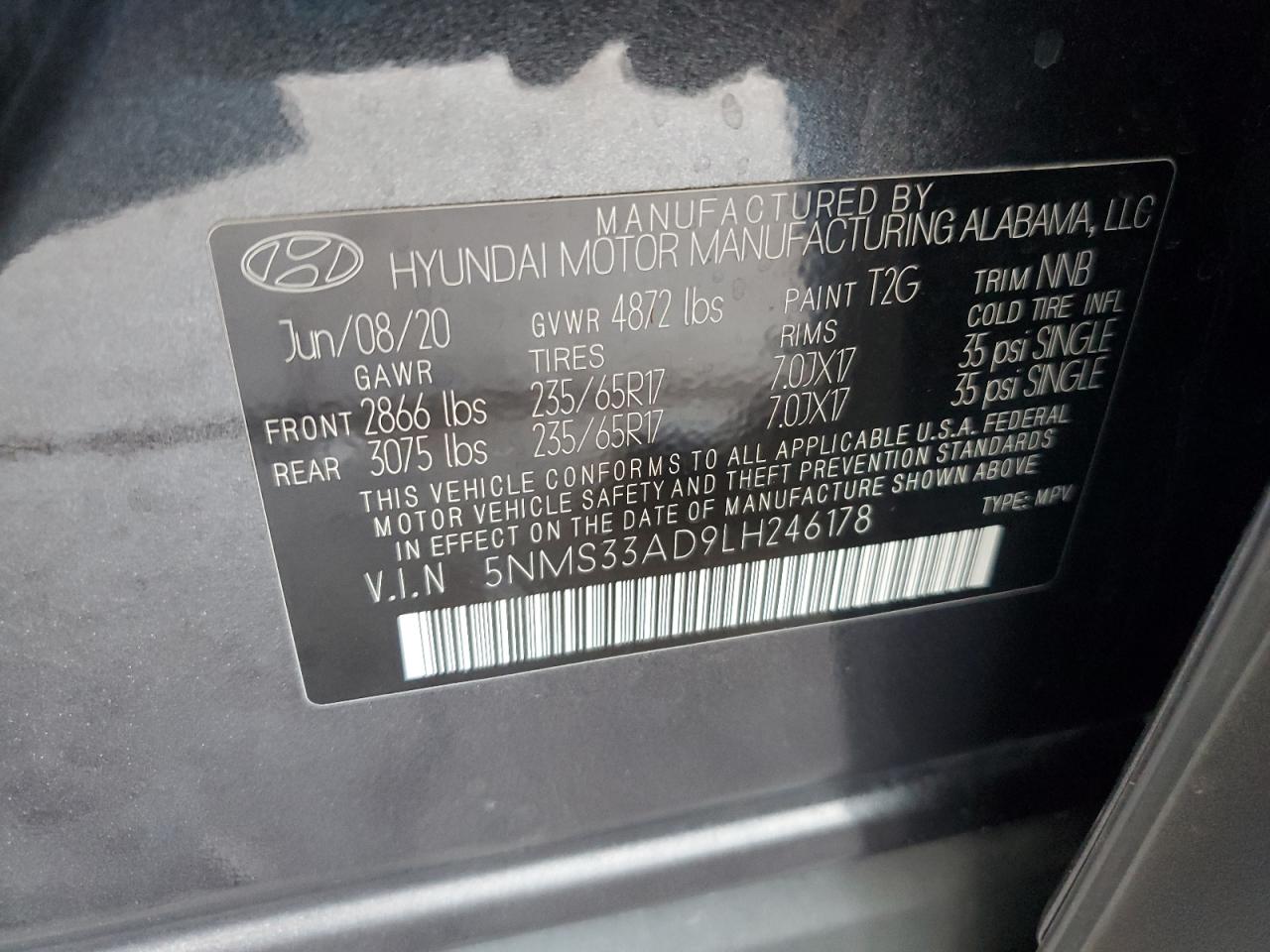 2020 Hyundai Santa Fe Sel VIN: 5NMS33AD9LH246178 Lot: 63693275