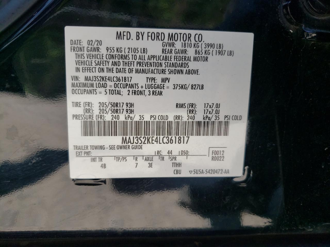 2020 Ford Ecosport Titanium VIN: MAJ3S2KE4LC361817 Lot: 64833435