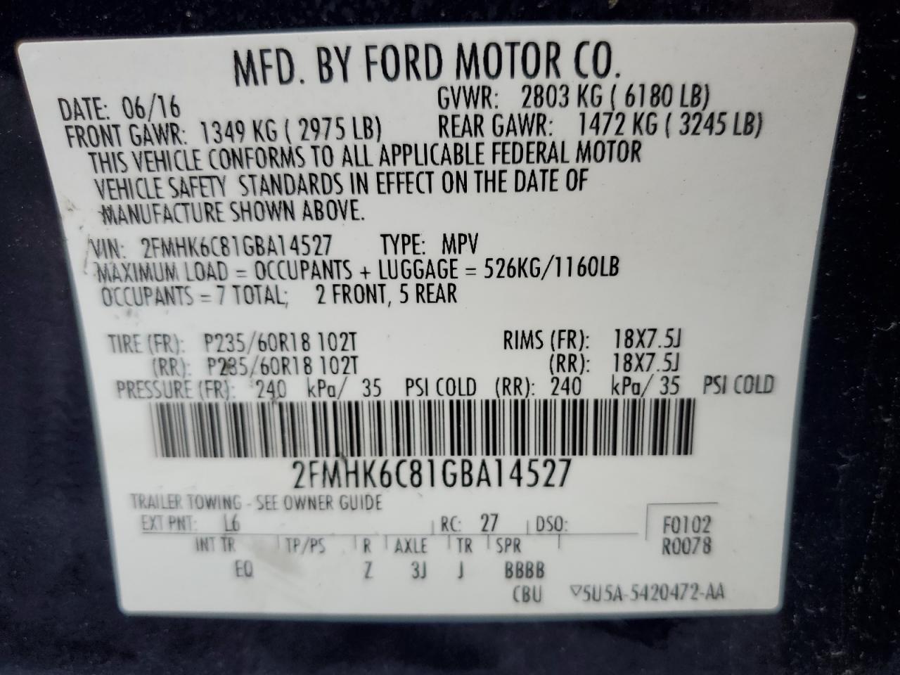 2016 Ford Flex Sel VIN: 2FMHK6C81GBA14527 Lot: 62877345