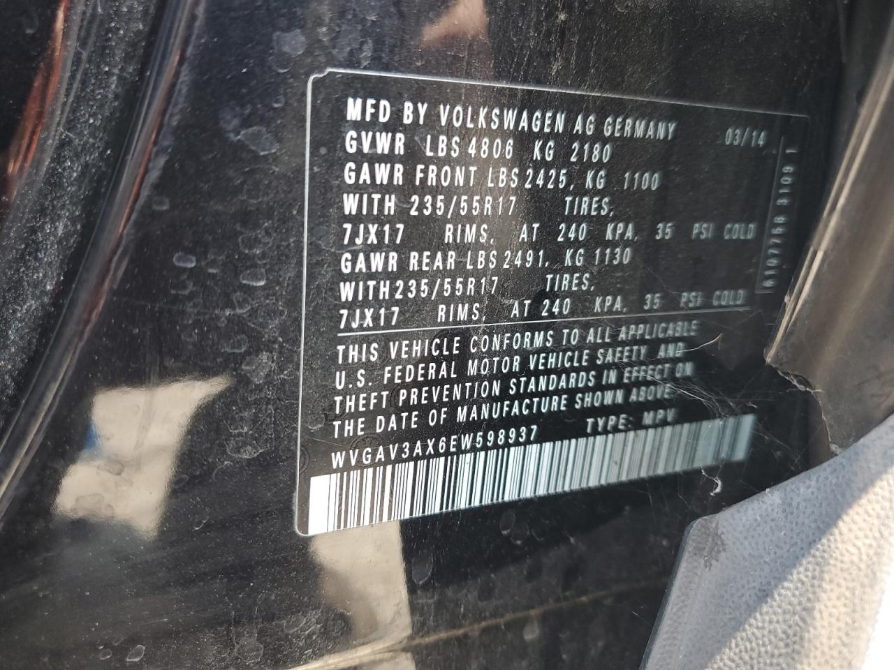 2014 Volkswagen Tiguan S VIN: WVGAV3AX6EW598937 Lot: 64850365