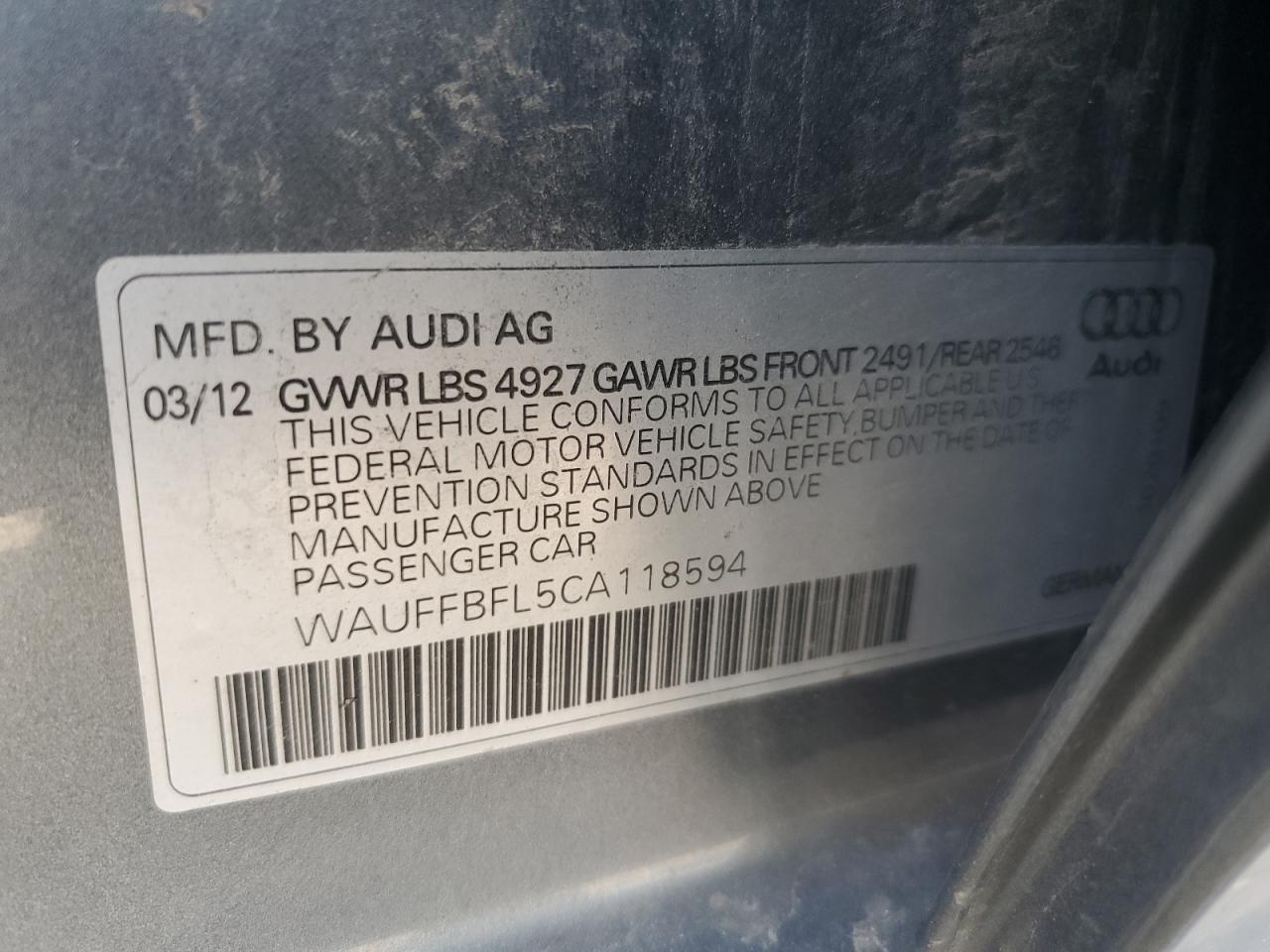 2012 Audi A4 Premium Plus VIN: WAUFFBFL5CA118594 Lot: 65601725