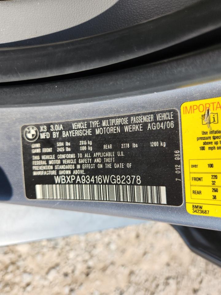 2006 BMW X3 3.0I VIN: WBXPA93416WG82378 Lot: 62728995