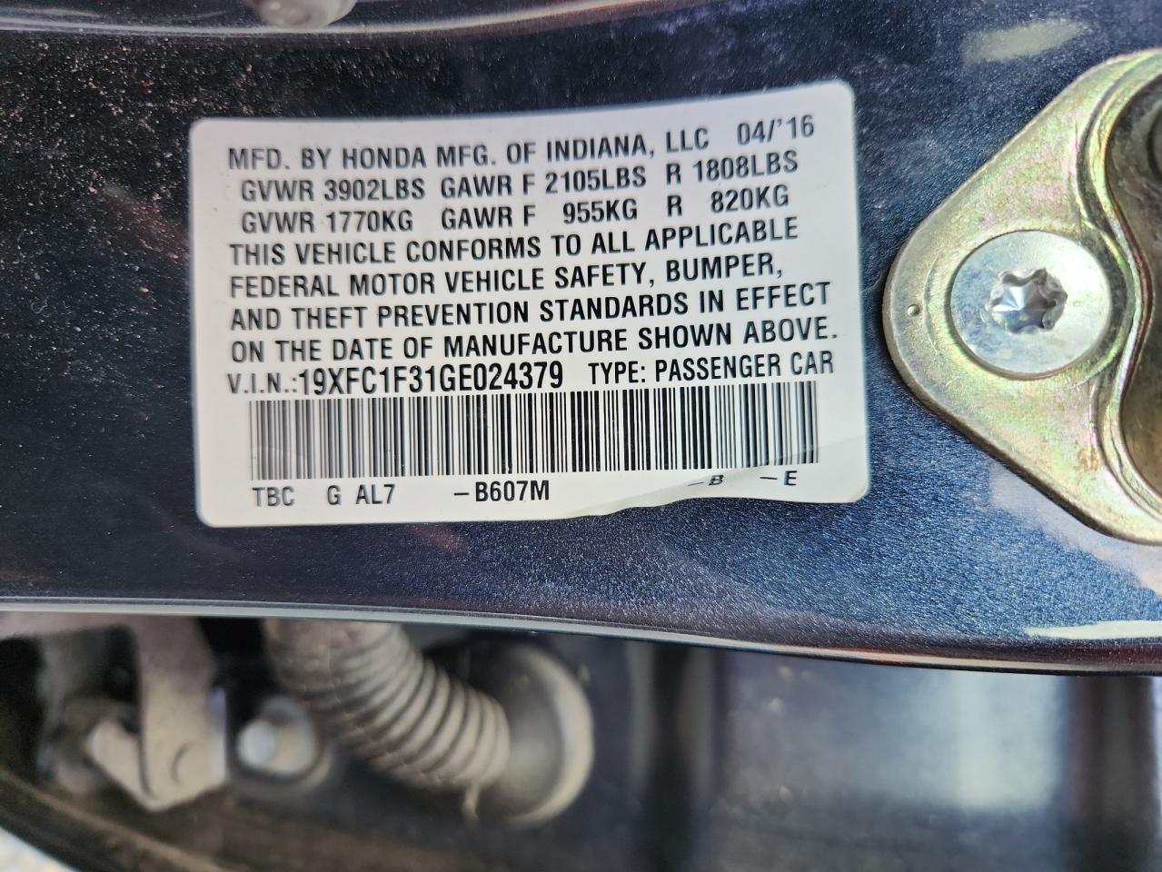 19XFC1F31GE024379 HONDA CIVIC 2016
