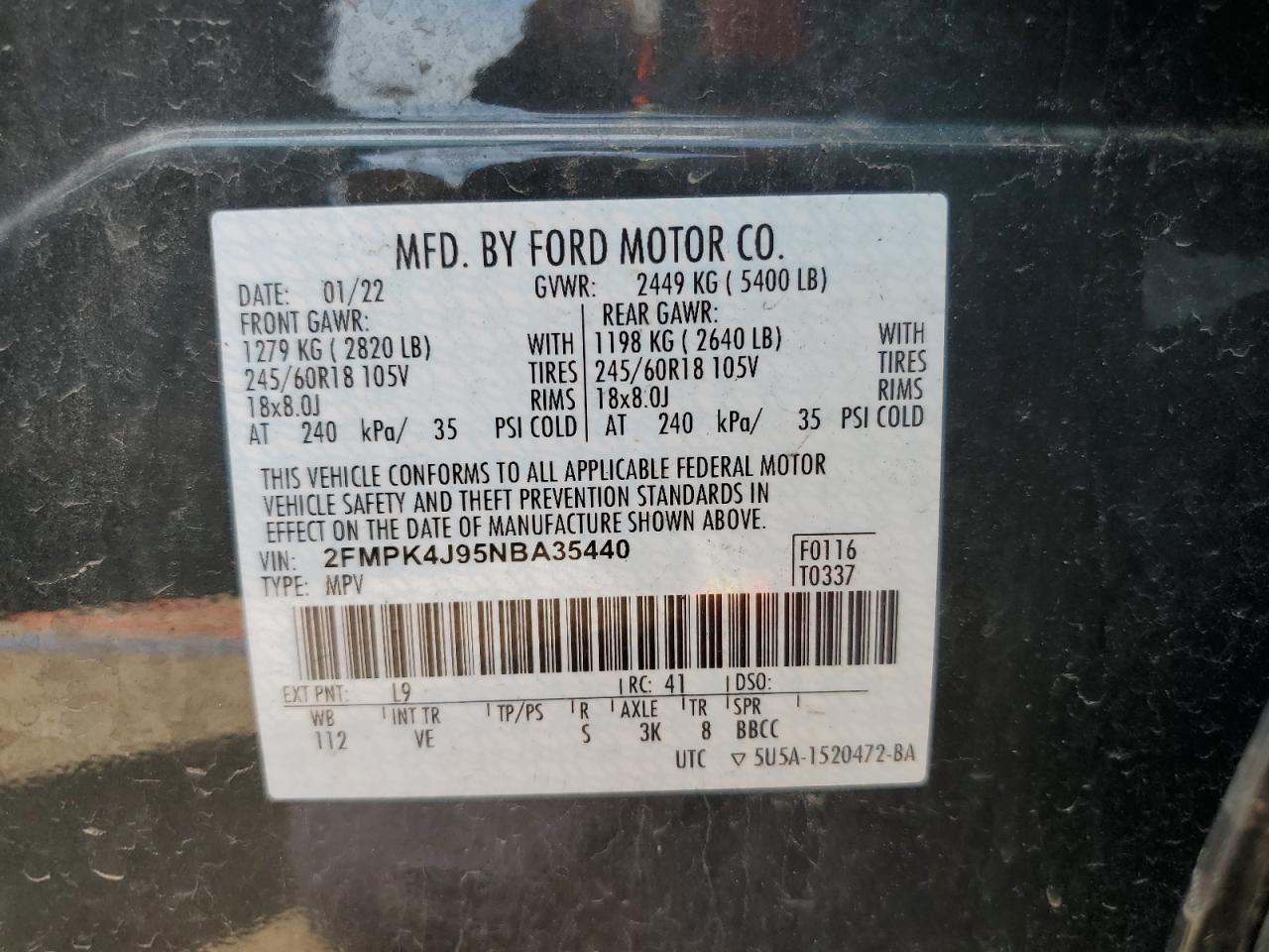 2022 Ford Edge Sel VIN: 2FMPK4J95NBA35440 Lot: 66080515