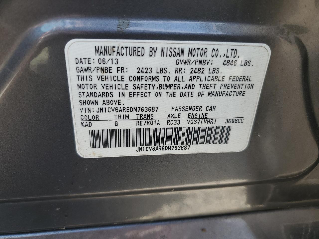 2013 Infiniti G37 VIN: JN1CV6AR6DM763687 Lot: 65210155