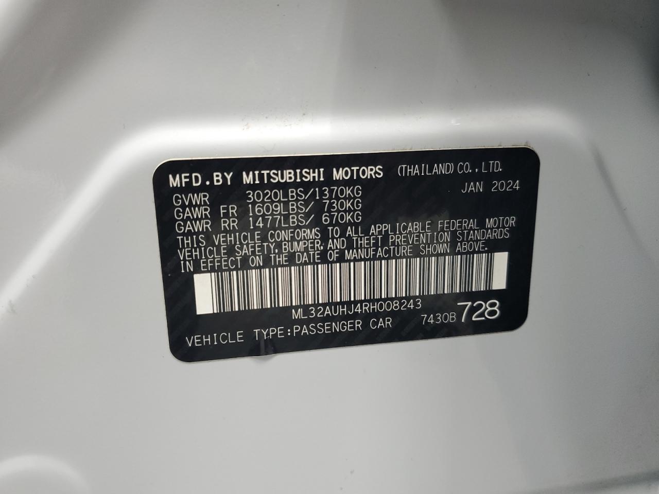 2024 Mitsubishi Mirage Es VIN: ML32AUHJ4RH008243 Lot: 65278825