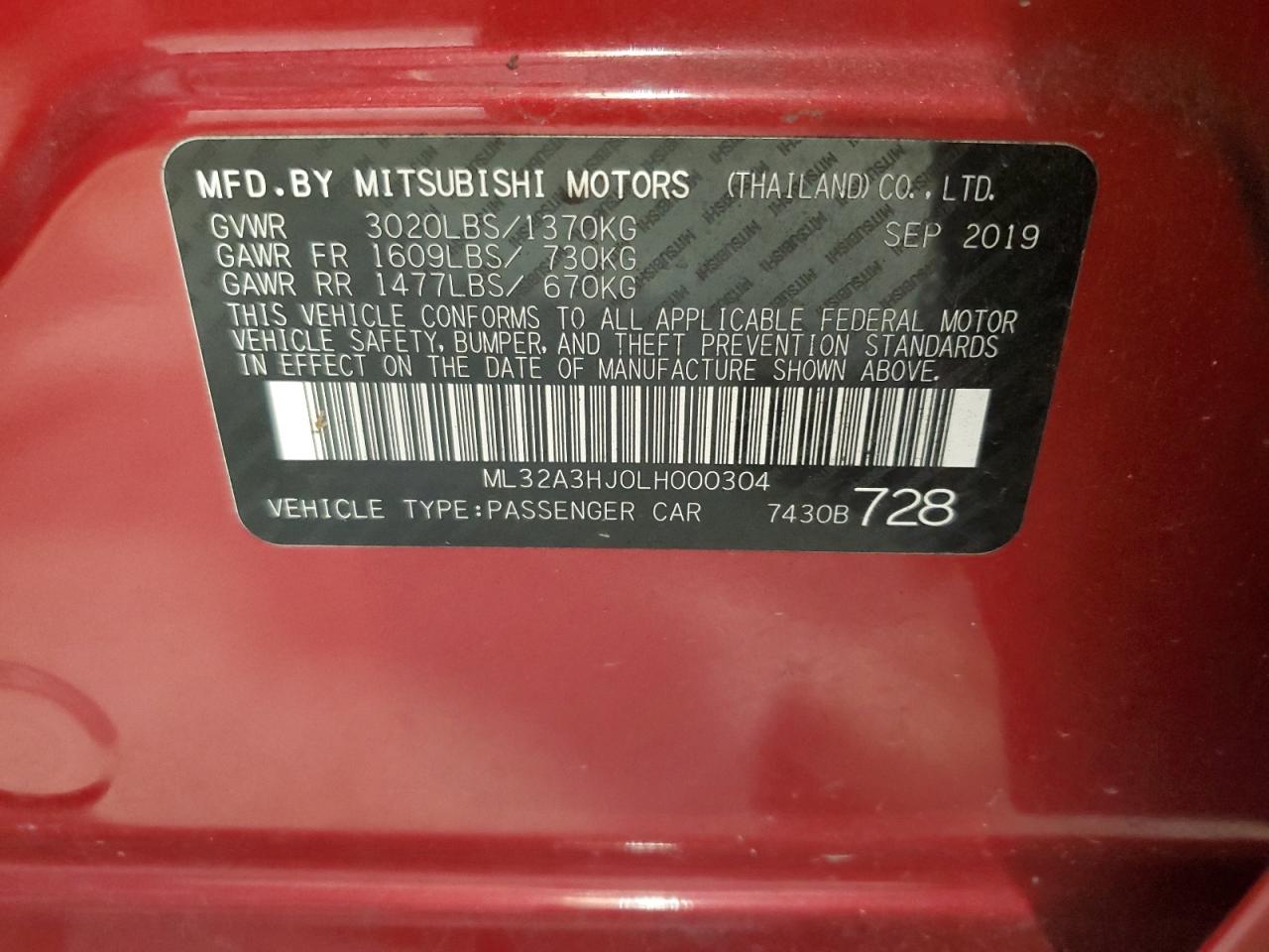 2020 Mitsubishi Mirage Es VIN: ML32A3HJ0LH000304 Lot: 63854285