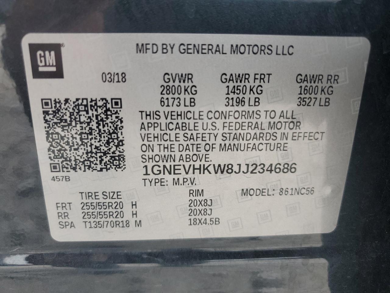 2018 Chevrolet Traverse Lt VIN: 1GNEVHKW8JJ234686 Lot: 63680615