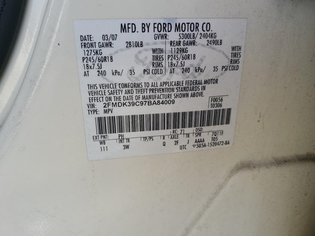2007 Ford Edge Sel Plus VIN: 2FMDK39C97BA84009 Lot: 63285655