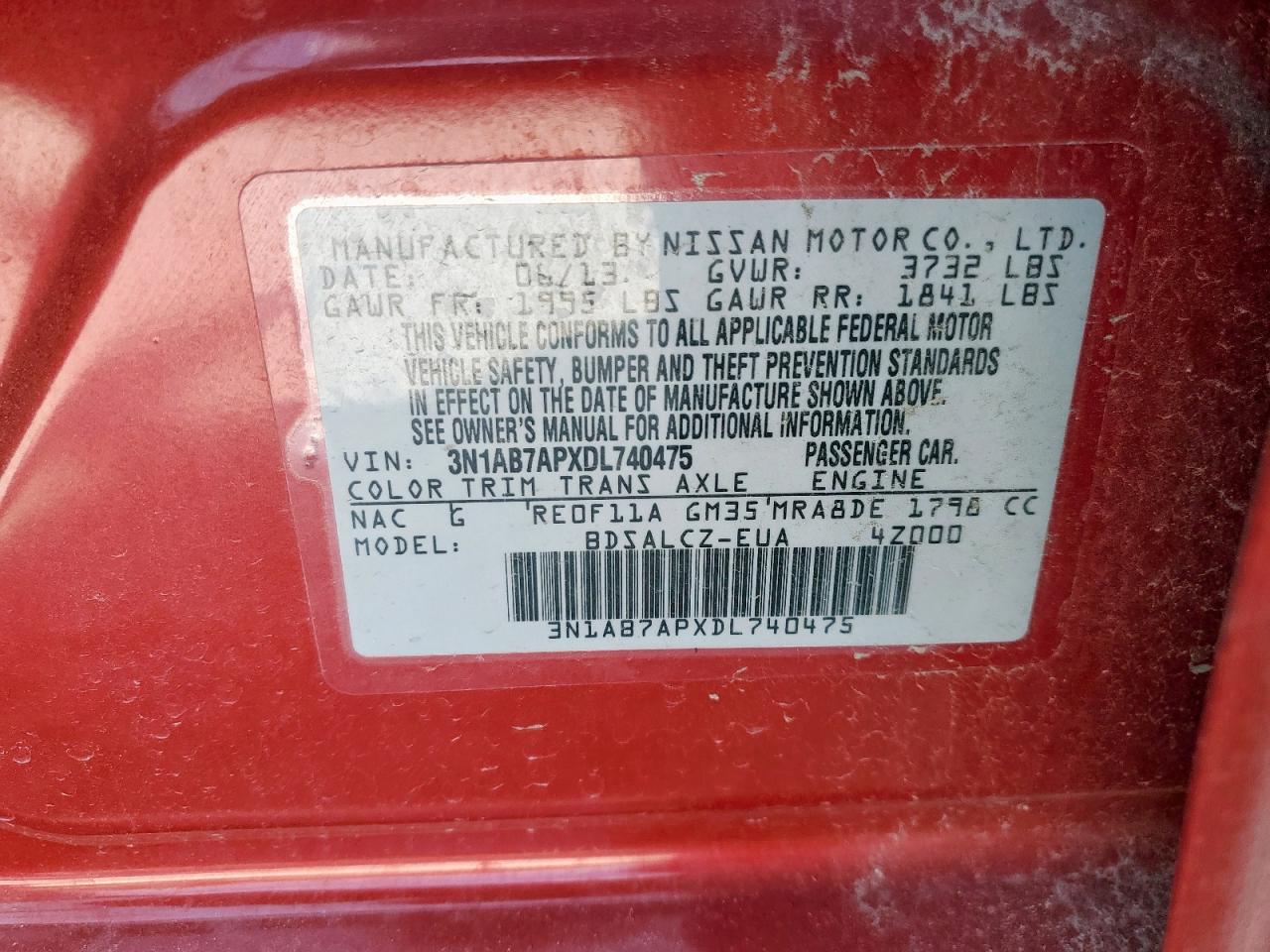 2013 Nissan Sentra S VIN: 3N1AB7APXDL740475 Lot: 65008065