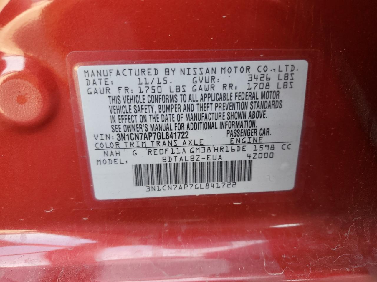 2016 Nissan Versa S VIN: 3N1CN7AP7GL841722 Lot: 64267465
