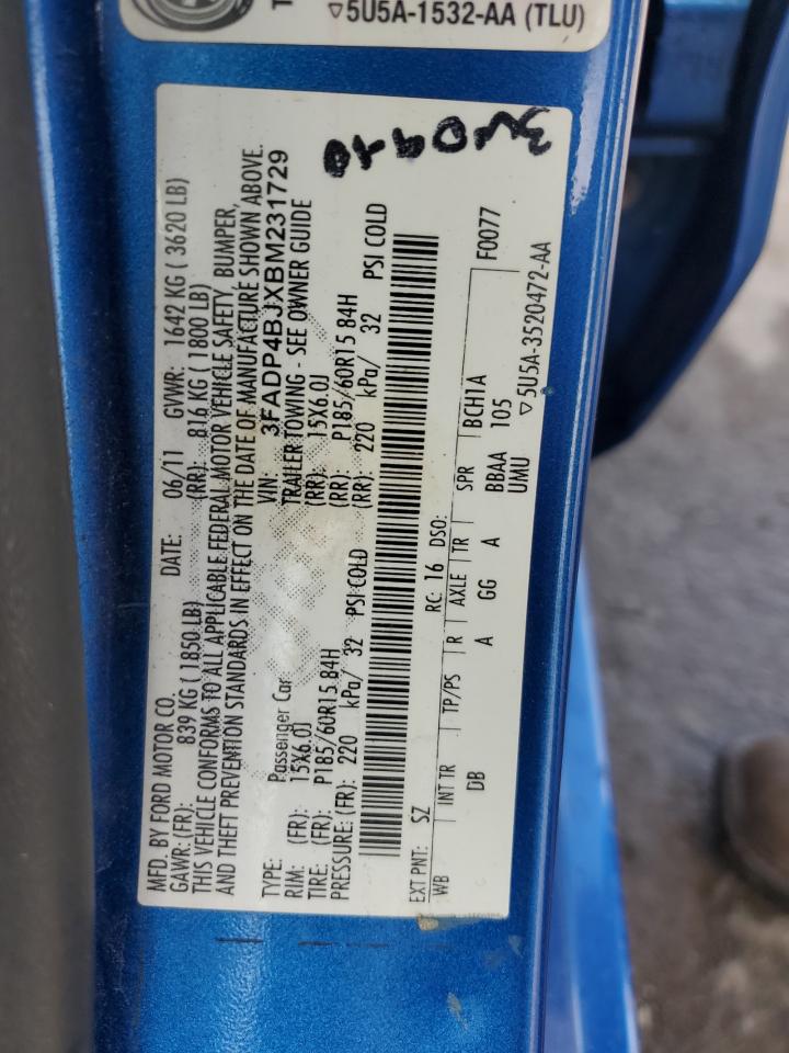 2011 Ford Fiesta Se VIN: 3FADP4BJXBM231729 Lot: 63080845