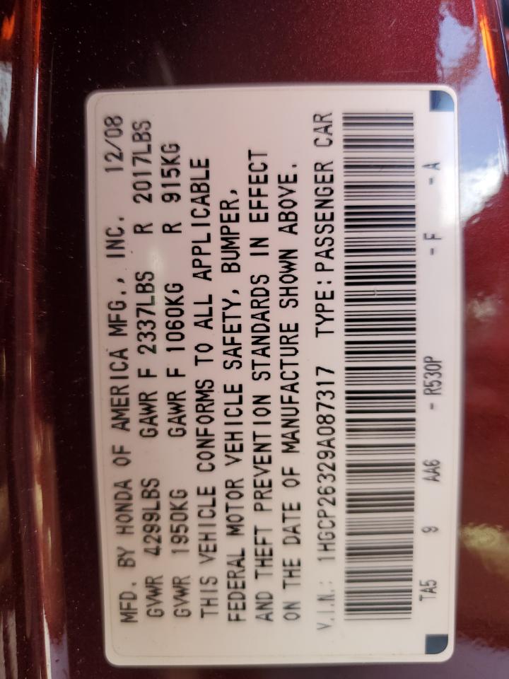 2009 Honda Accord Lx VIN: 1HGCP26329A087317 Lot: 64957895