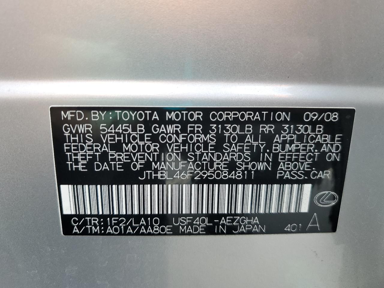 2009 Lexus Ls 460 VIN: JTHBL46F295084811 Lot: 63098335