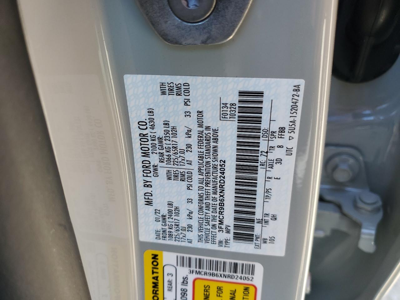 2022 Ford Bronco Sport Big Bend VIN: 3FMCR9B6XNRD24052 Lot: 64223625