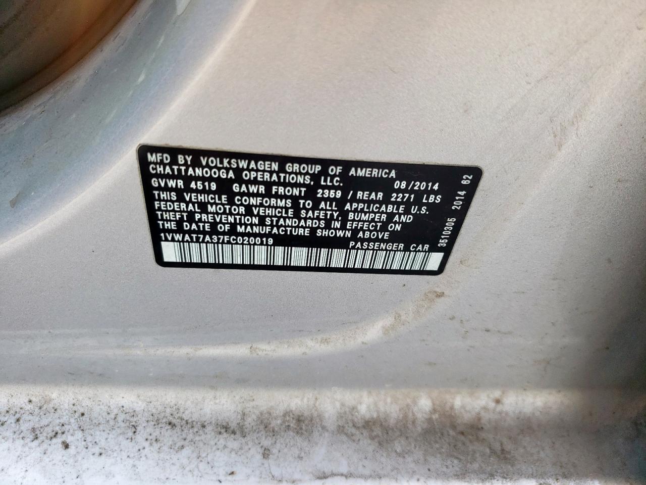 2015 Volkswagen Passat S VIN: 1VWAT7A37FC020019 Lot: 65244015