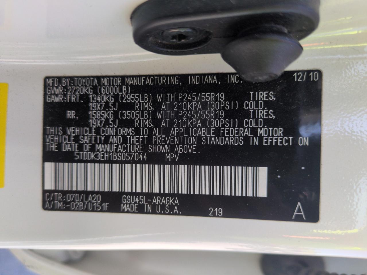 2011 Toyota Highlander Limited VIN: 5TDDK3EH1BS057044 Lot: 63501665