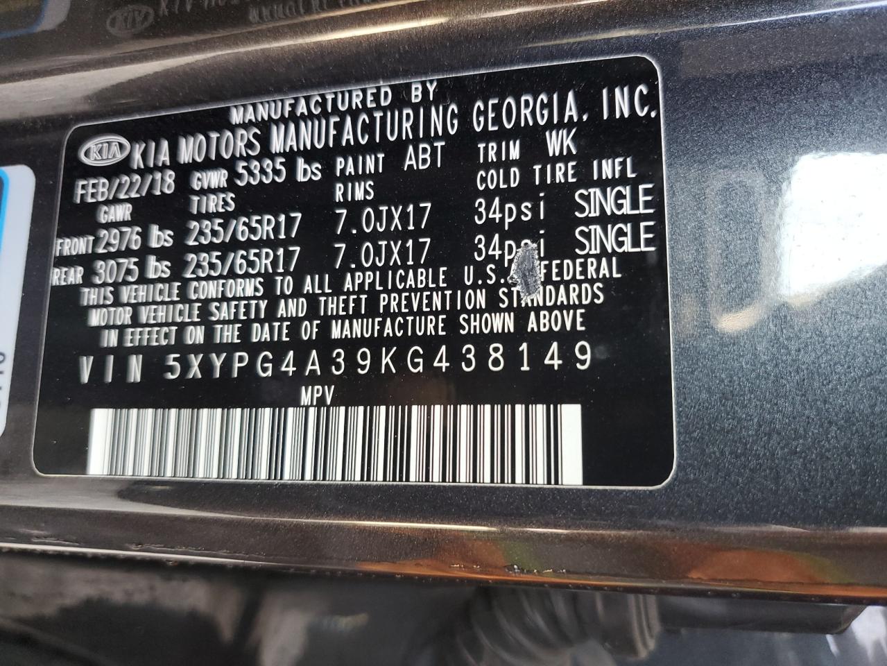 2019 Kia Sorento L VIN: 5XYPG4A39KG438149 Lot: 64864975