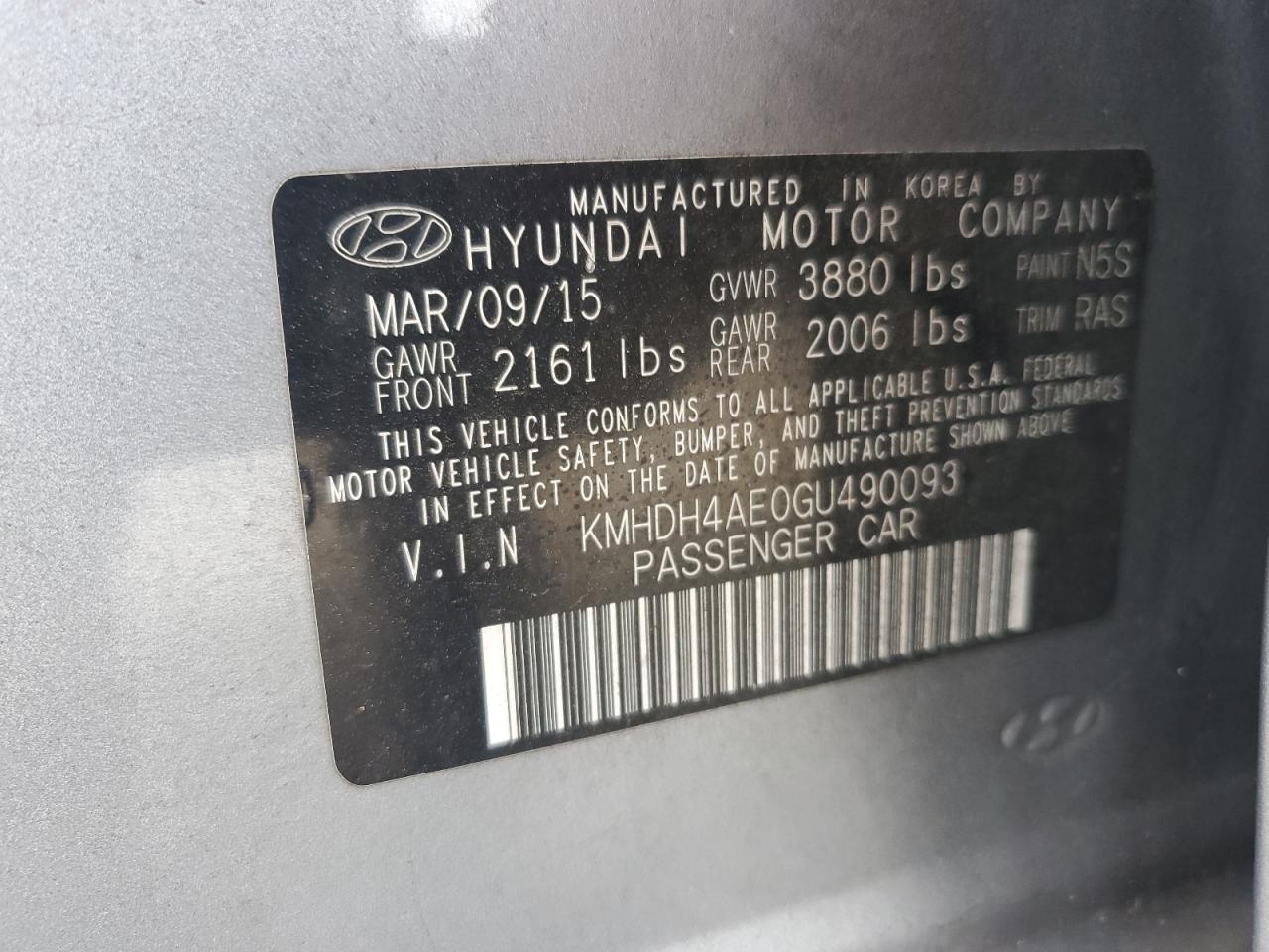 2016 Hyundai Elantra Se VIN: KMHDH4AE0GU490093 Lot: 64726125
