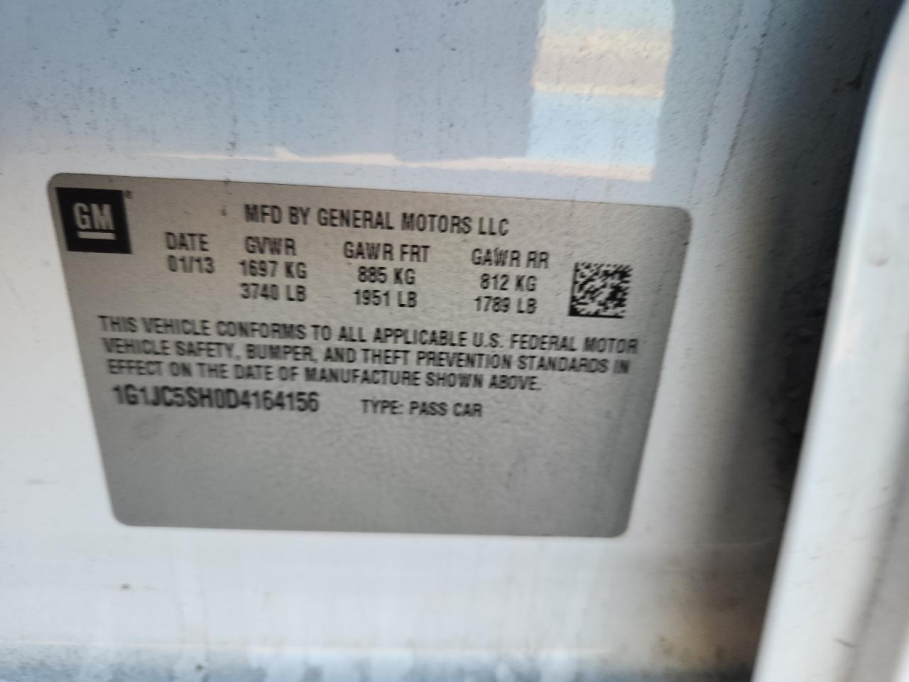2013 Chevrolet Sonic Lt VIN: 1G1JC5SH0D4164156 Lot: 64328015