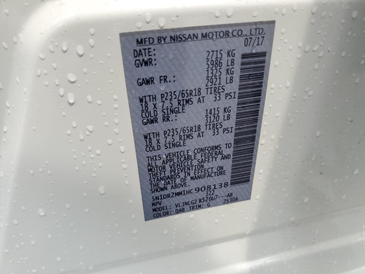 2017 Nissan Pathfinder S VIN: 5N1DR2MM1HC908138 Lot: 63139925