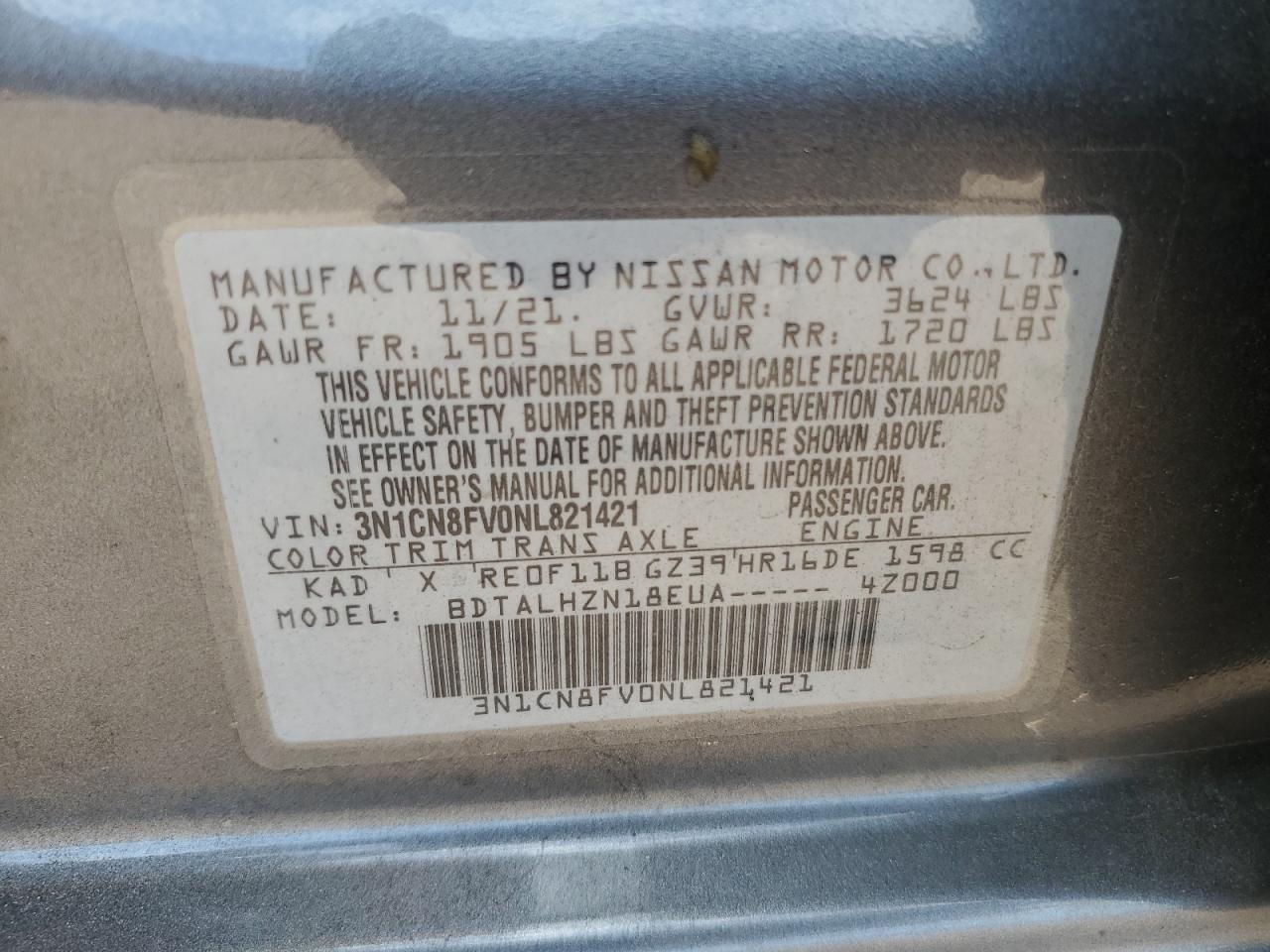 2022 Nissan Versa Sr VIN: 3N1CN8FV0NL821421 Lot: 65232075