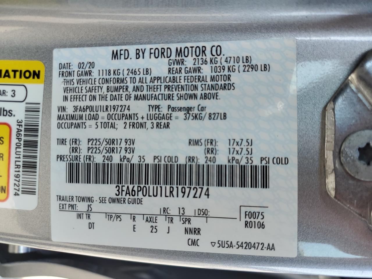 2020 Ford Fusion Se VIN: 3FA6P0LU1LR197274 Lot: 64813655