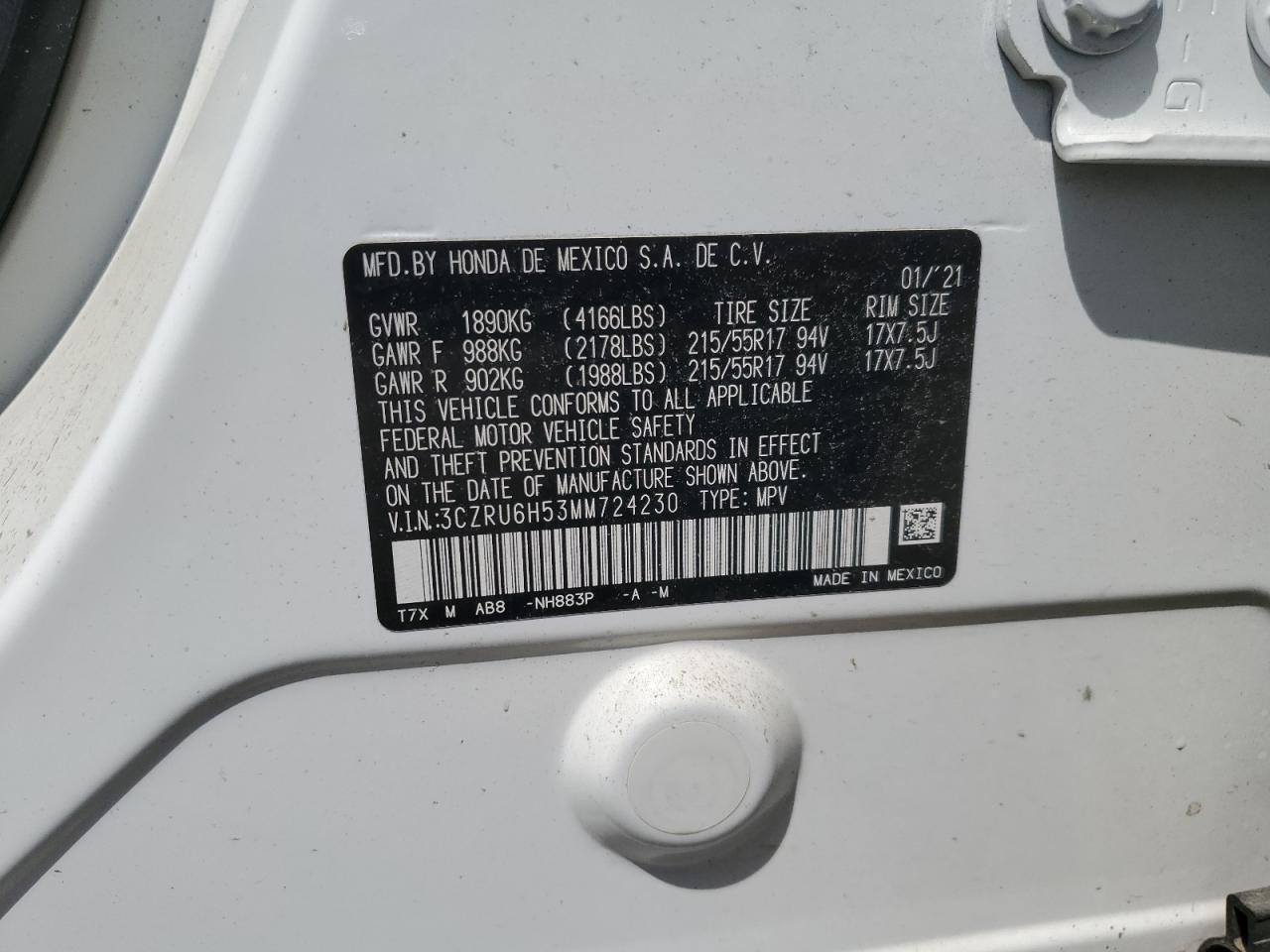 2021 Honda Hr-V Ex VIN: 3CZRU6H53MM724230 Lot: 63518805