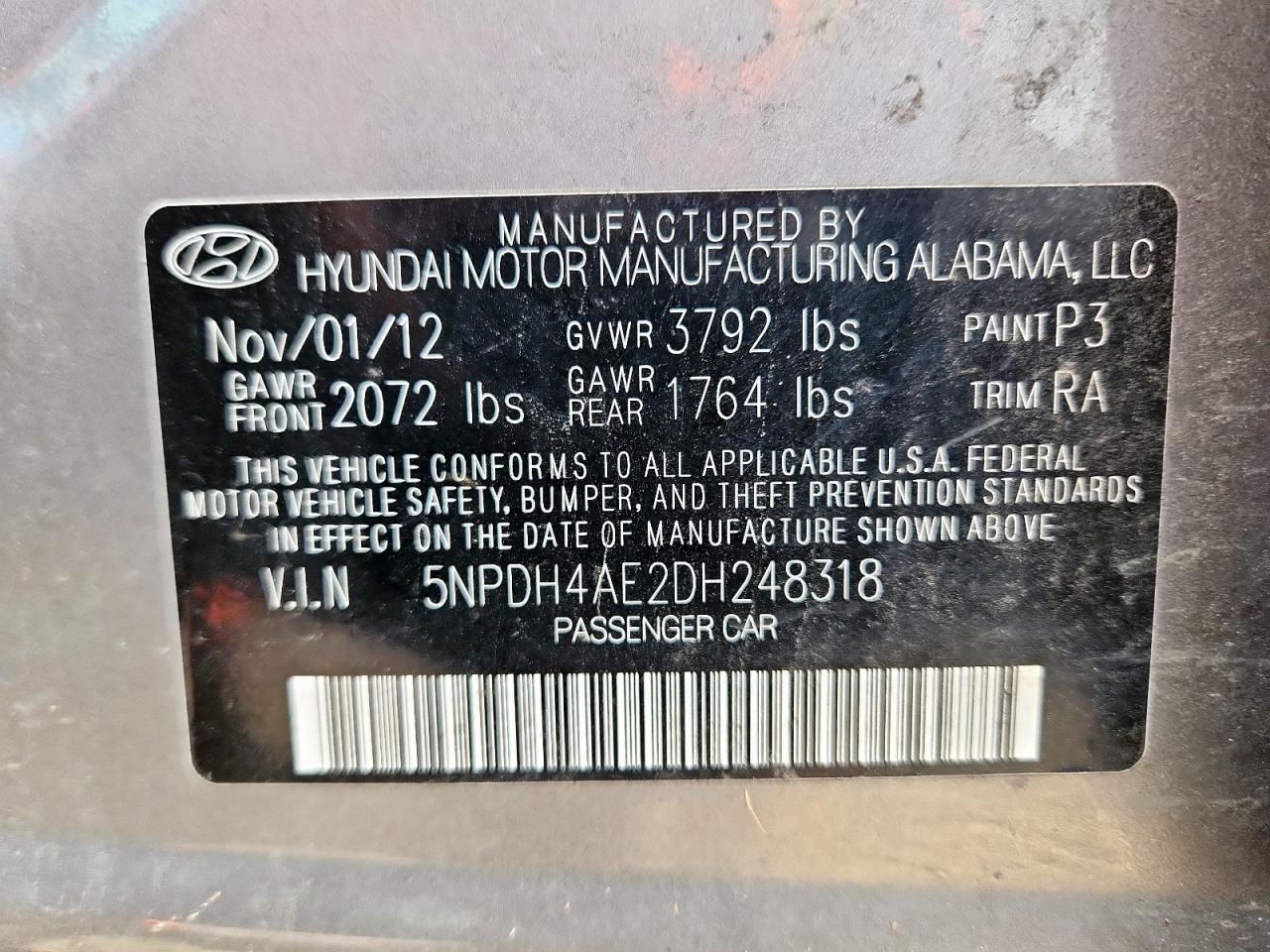 2013 Hyundai Elantra Gls VIN: 5NPDH4AE2DH248318 Lot: 64385455