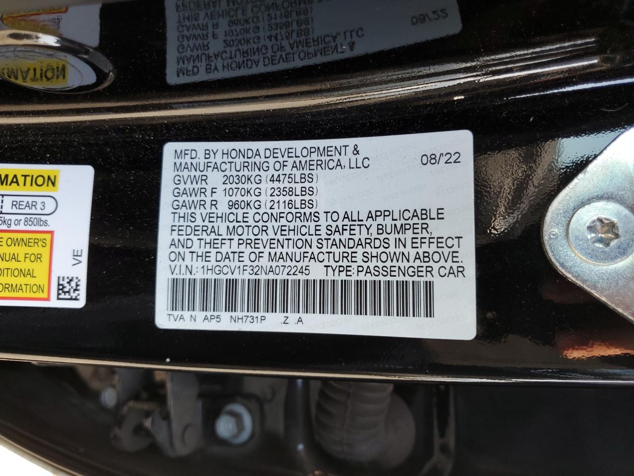 2022 Honda Accord Sport VIN: 1HGCV1F32NA072245 Lot: 64692705