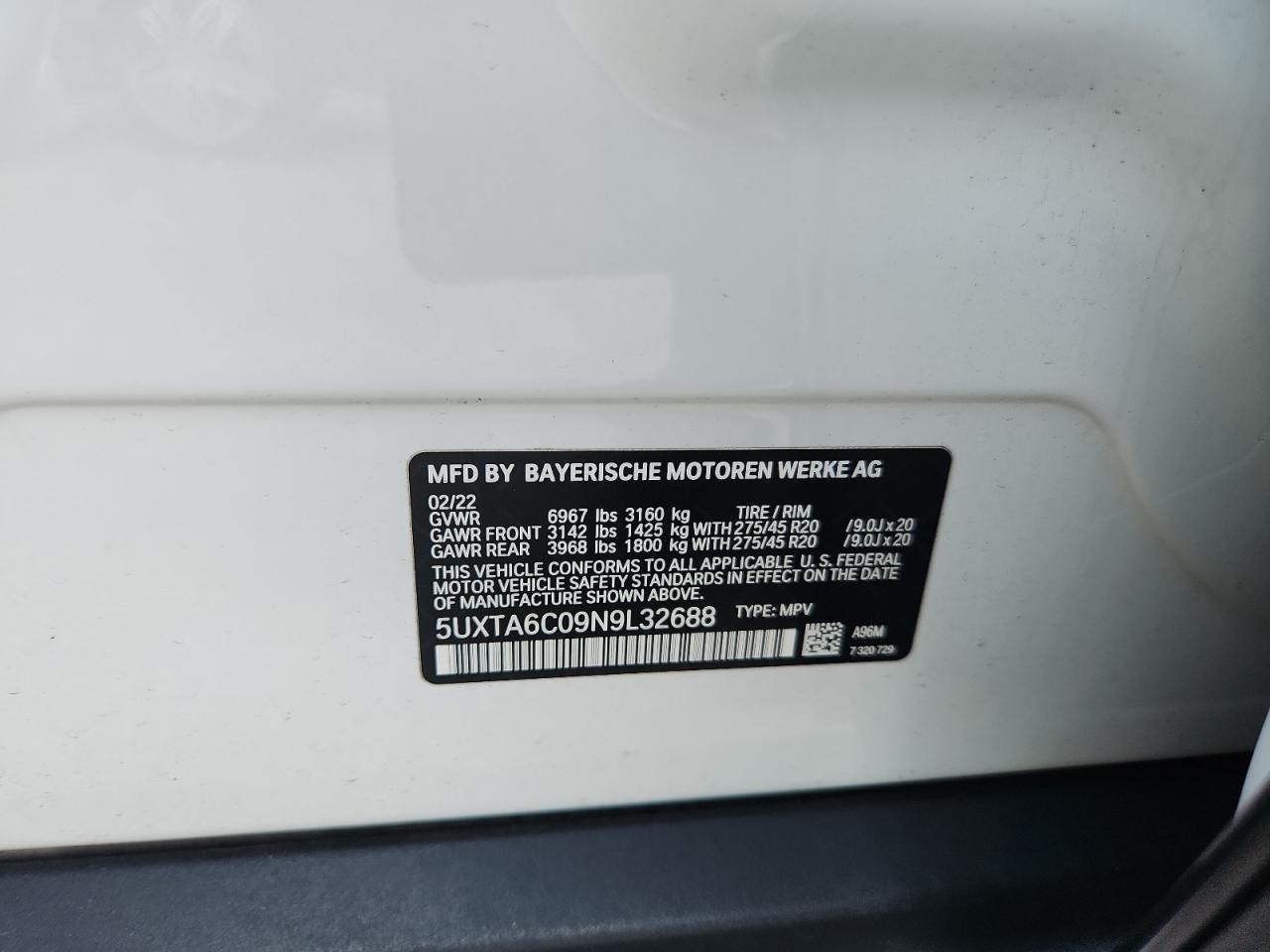 2022 BMW X5 xDrive45E VIN: 5UXTA6C09N9L32688 Lot: 64836485