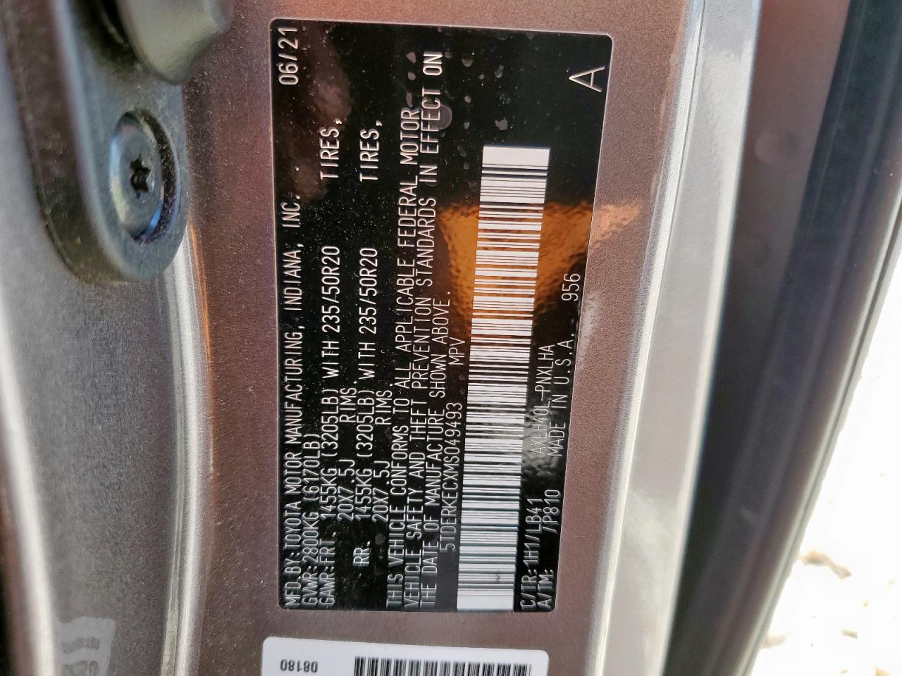 2021 Toyota Sienna Limited VIN: 5TDERKECXMS049493 Lot: 63821955