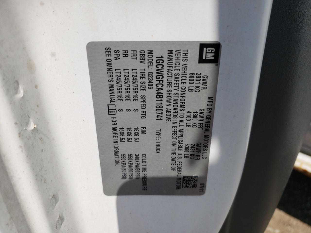 2011 Chevrolet Express G2500 VIN: 1GCWGFCA4B1180741 Lot: 65507015