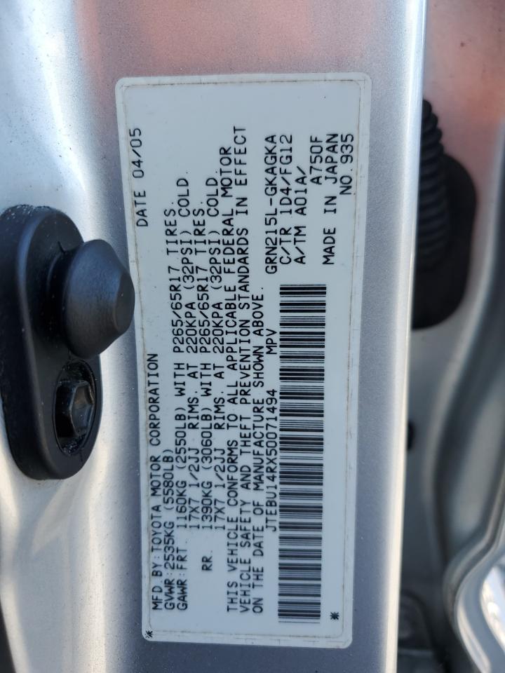 2005 Toyota 4Runner Sr5 VIN: JTEBU14RX50071494 Lot: 64647265