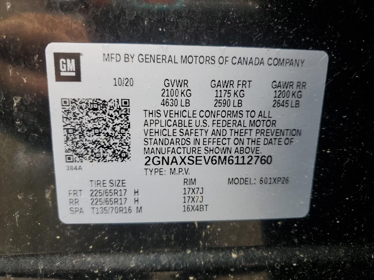 2021 Chevrolet Equinox Ls VIN: 2GNAXSEV6M6112760 Lot: 64838865