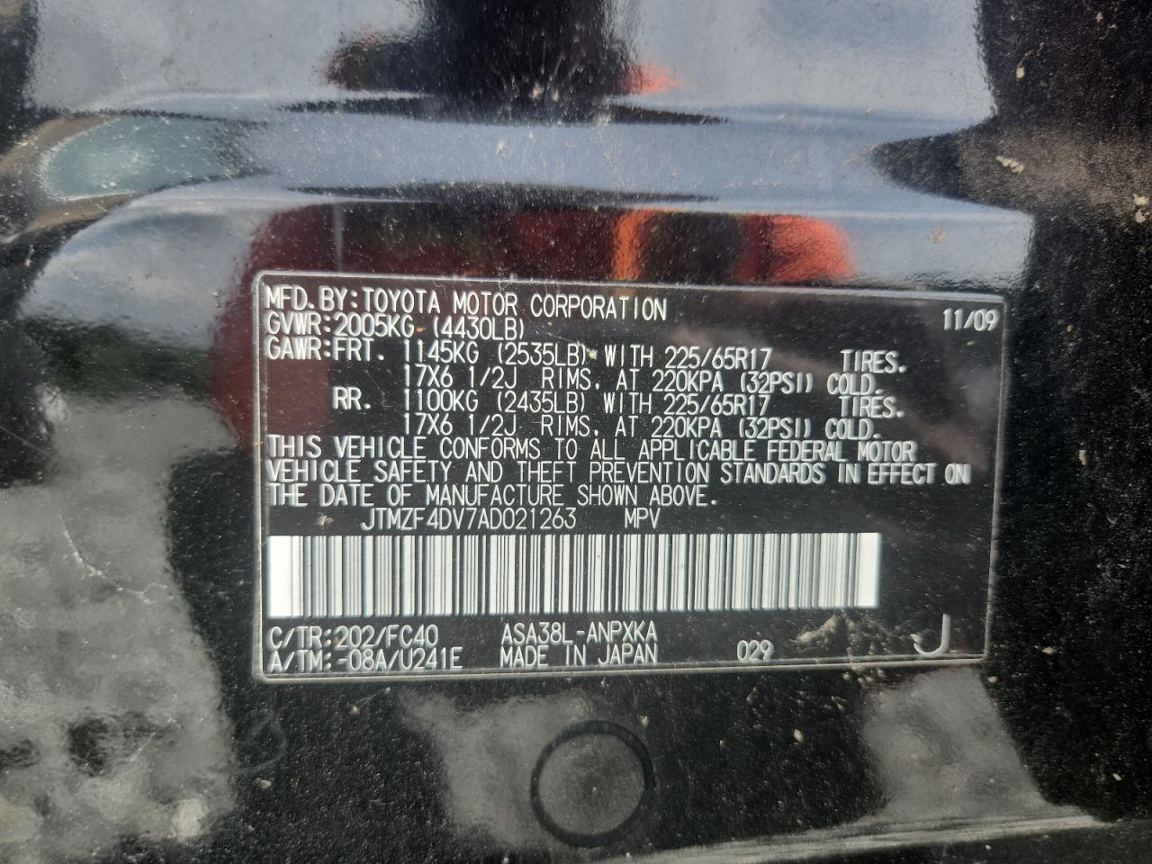 2010 Toyota Rav4 VIN: JTMZF4DV7AD021263 Lot: 64902695