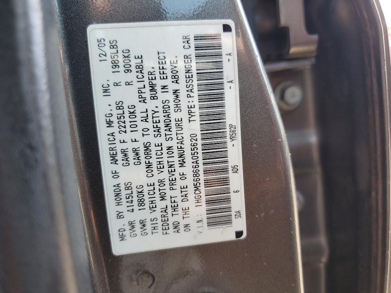 2006 Honda Accord Ex VIN: 1HGCM56866A055620 Lot: 64558515