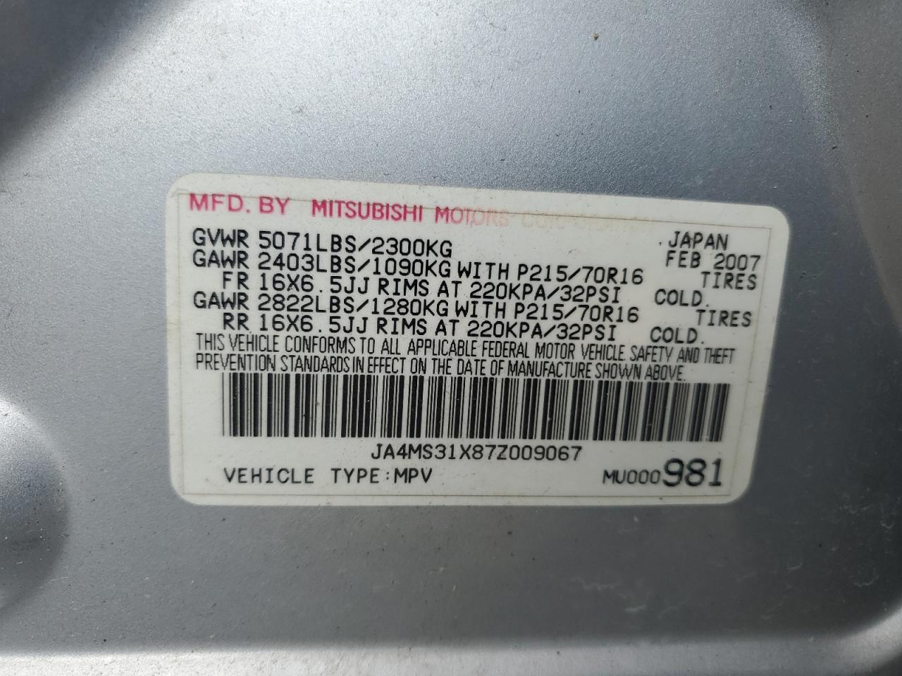 2007 Mitsubishi Outlander Es VIN: JA4MS31X87Z009067 Lot: 64410725
