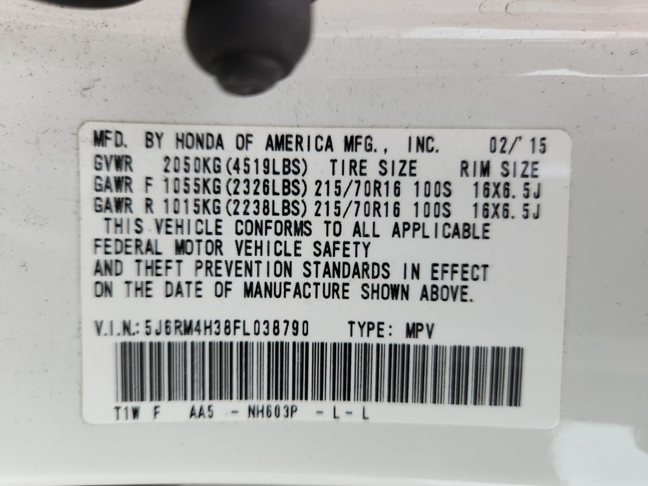 2015 Honda Cr-V Lx VIN: 5J6RM4H38FL038790 Lot: 64496875
