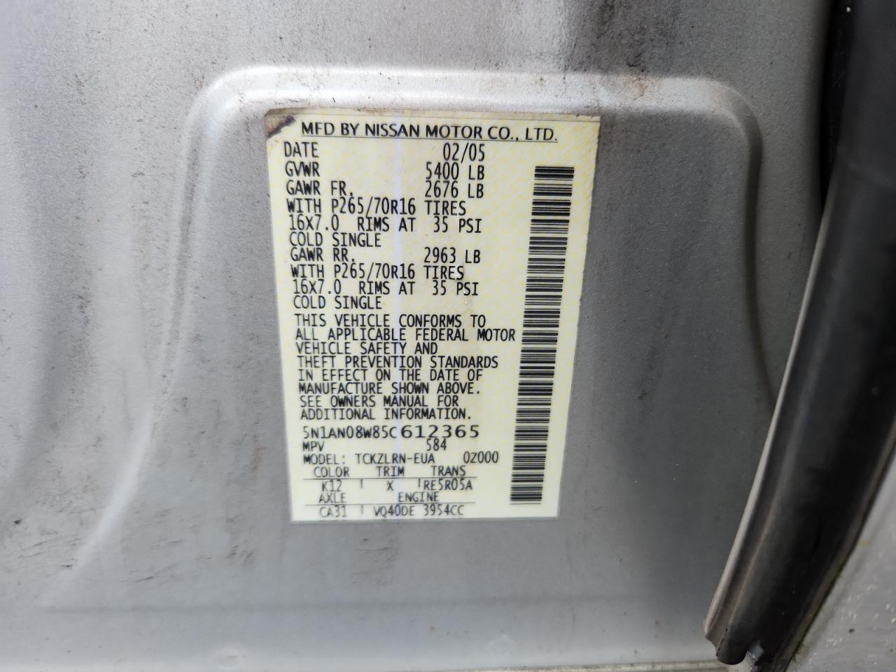 2005 Nissan Xterra Off Road VIN: 5N1AN08W85C612365 Lot: 63307645